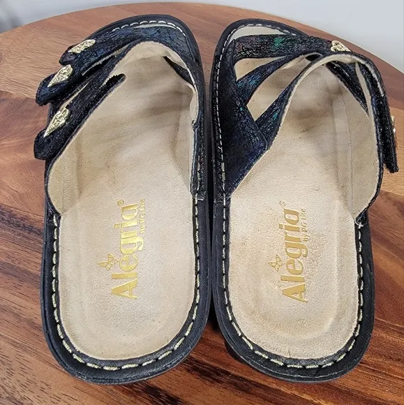 Alegria Audrey Iridescent Slide Sandals Three Strap Heart Decoration Size 39