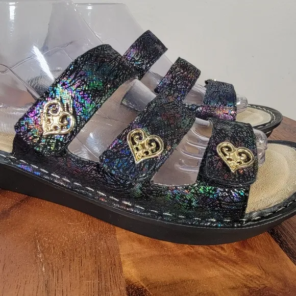 Alegria Audrey Iridescent Slide Sandals Three Strap Heart Decoration Size 39