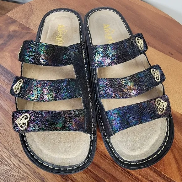 Alegria Audrey Iridescent Slide Sandals Three Strap Heart Decoration Size 39
