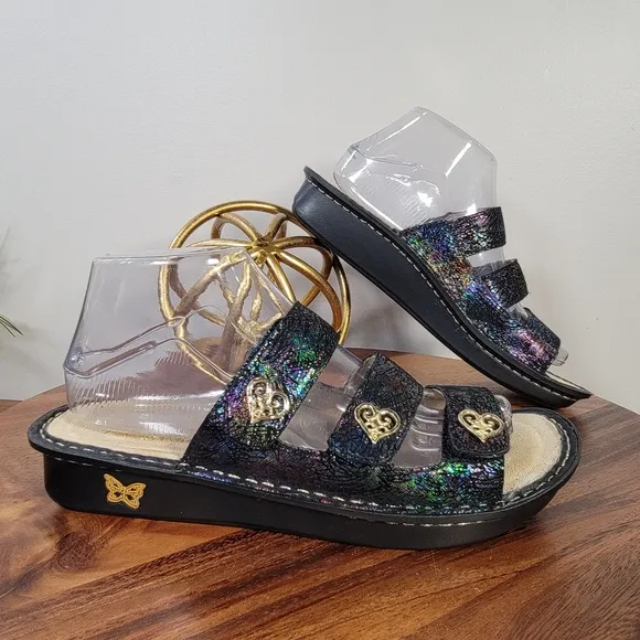 Alegria Audrey Iridescent Slide Sandals Three Strap Heart Decoration Size 39