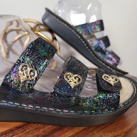 Alegria Audrey Iridescent Slide Sandals Three Strap Heart Decoration Size 39