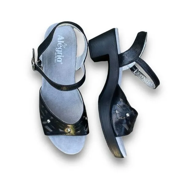 Alegria Reese Uptown Black Leather Studded Laser cut Comfort Heel Sandals 9.5-10