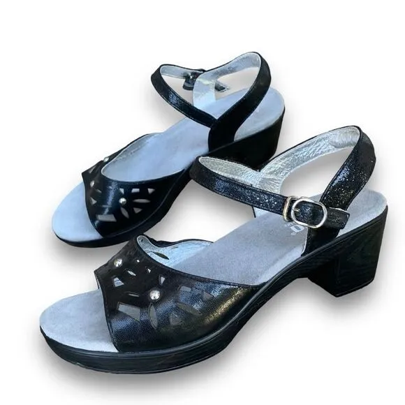 Alegria Reese Uptown Black Leather Studded Laser cut Comfort Heel Sandals 9.5-10
