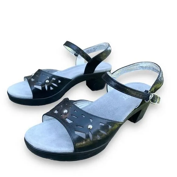 Alegria Reese Uptown Black Leather Studded Laser cut Comfort Heel Sandals 9.5-10