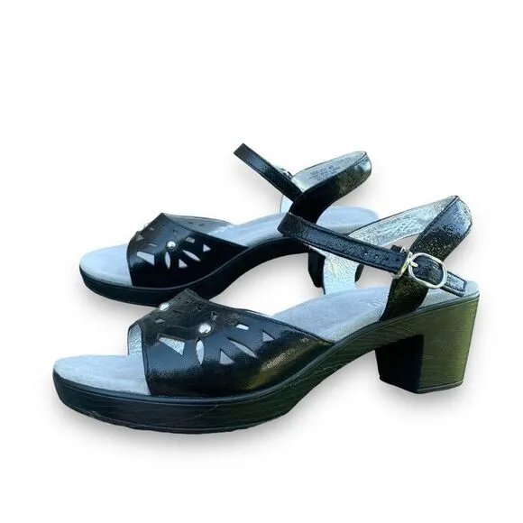Alegria Reese Uptown Black Leather Studded Laser cut Comfort Heel Sandals 9.5-10