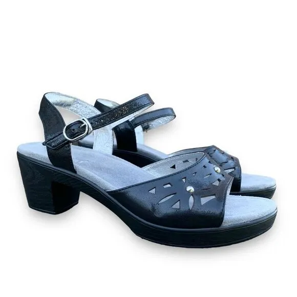 Alegria Reese Uptown Black Leather Studded Laser cut Comfort Heel Sandals 9.5-10