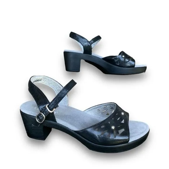 Alegria Reese Uptown Black Leather Studded Laser cut Comfort Heel Sandals 9.5-10