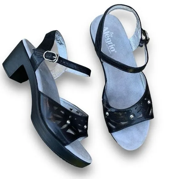 Alegria Reese Uptown Black Leather Studded Laser cut Comfort Heel Sandals 9.5-10