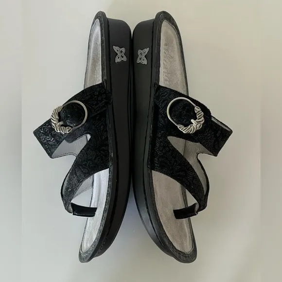 Alegria Valentina Black Leaf Buckle Floral Comfort Sandals Size 41