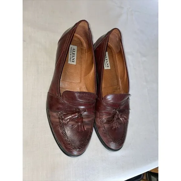 Alfani Italy Dress Loafers Men’s Size 11 W Brown Leather Tassels Block Heels