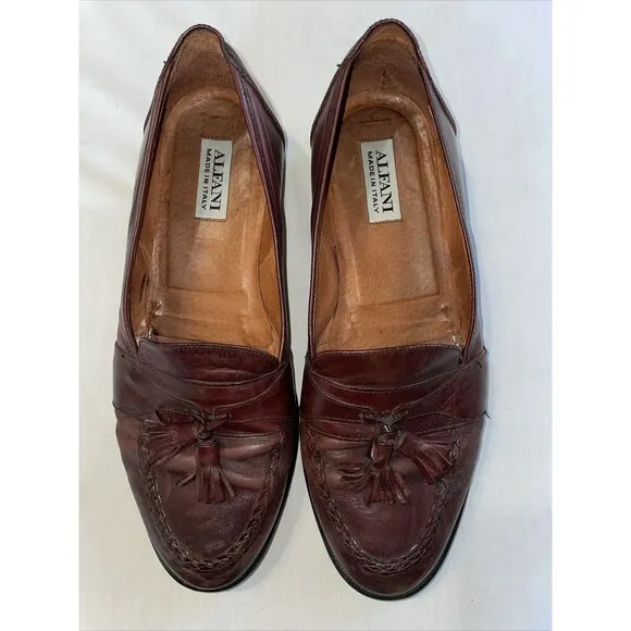 Alfani Italy Dress Loafers Men’s Size 11 W Brown Leather Tassels Block Heels