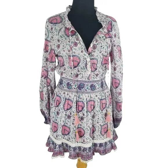 Alicia Bell Kylie Long Sleeve Mini Dress Pink Purple Paisley Print Boho Beachy