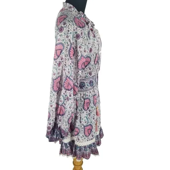 Alicia Bell Kylie Long Sleeve Mini Dress Pink Purple Paisley Print Boho Beachy