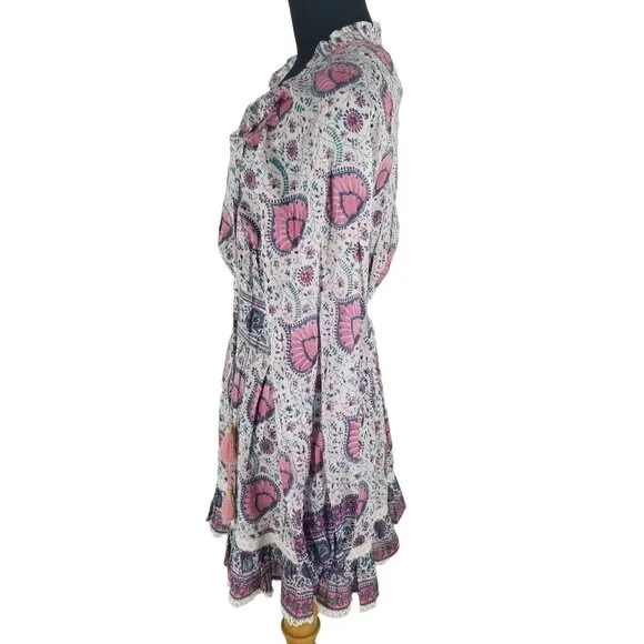 Alicia Bell Kylie Long Sleeve Mini Dress Pink Purple Paisley Print Boho Beachy