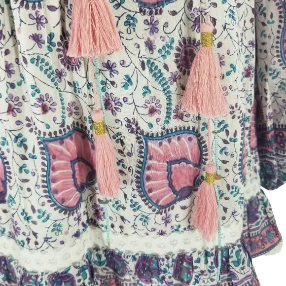 Alicia Bell Kylie Long Sleeve Mini Dress Pink Purple Paisley Print Boho Beachy