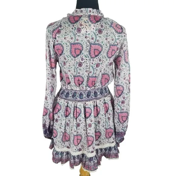 Alicia Bell Kylie Long Sleeve Mini Dress Pink Purple Paisley Print Boho Beachy