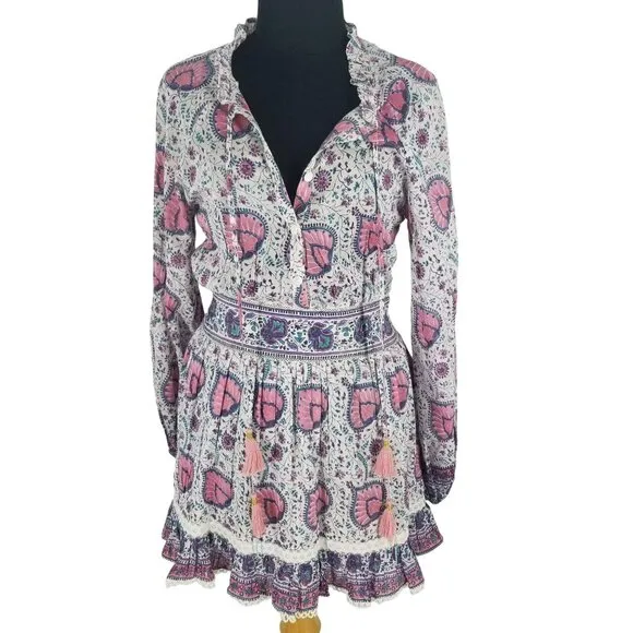Alicia Bell Kylie Long Sleeve Mini Dress Pink Purple Paisley Print Boho Beachy