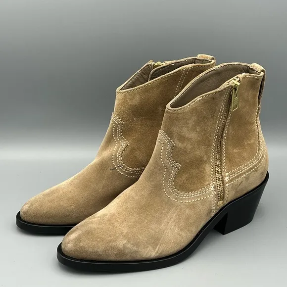 All Saints Carlotta Tan Suede Heeled Side Zip Ankle Boots