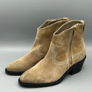 All Saints Carlotta Tan Suede Heeled Side Zip Ankle Boots