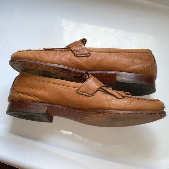 Allen Edmonds Woodville tan slip on loafers with fringe &amp; buckle