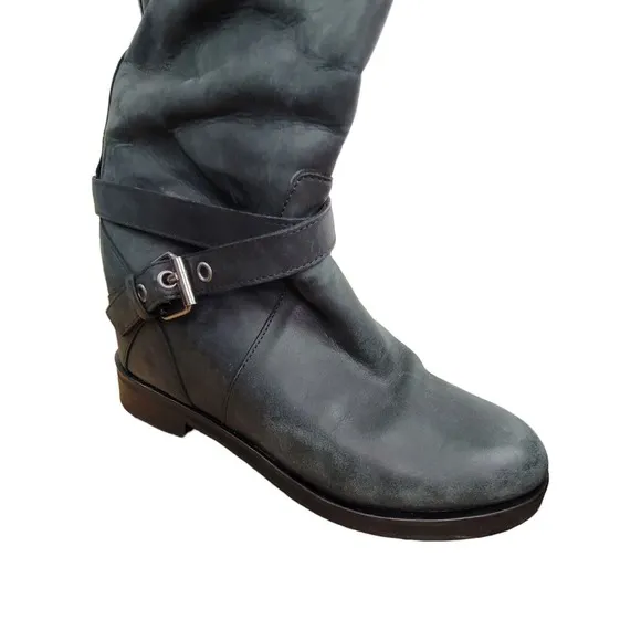 ALLSAINTS Choc Riding Boots Distressed Gray Leather Wedge WOMEN'S US 7 38 EU