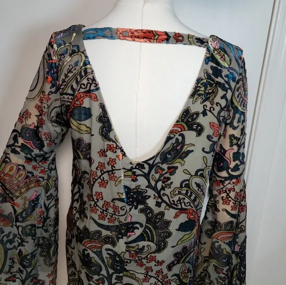 Altar'd State Paisley Elegant Green Bell Sleeve Velvet Dress Size Medium