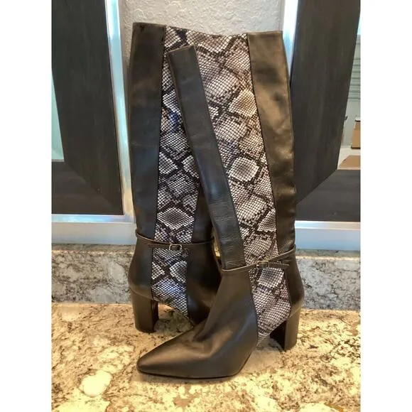 AMALFI Istria Black Chantal Snake Skin Tall Heeled Moto Riding Boots Italy 7.5M