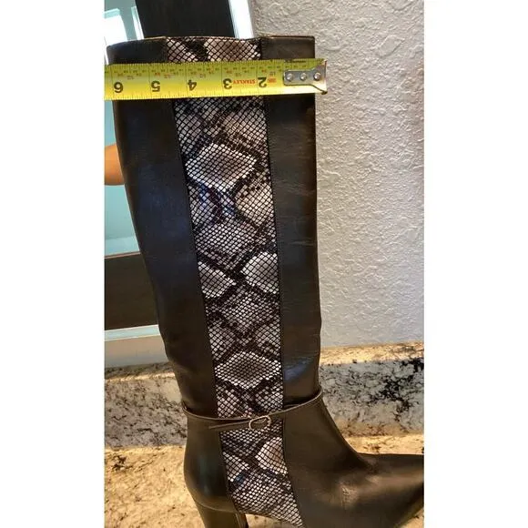 AMALFI Istria Black Chantal Snake Skin Tall Heeled Moto Riding Boots Italy 7.5M