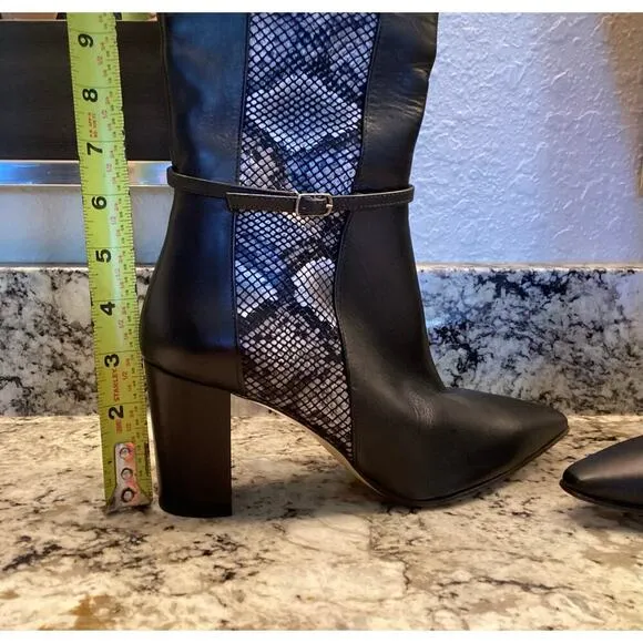 AMALFI Istria Black Chantal Snake Skin Tall Heeled Moto Riding Boots Italy 7.5M