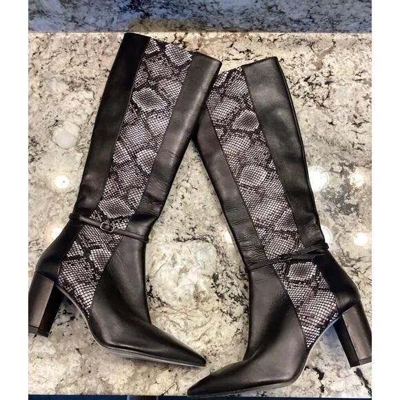 AMALFI Istria Black Chantal Snake Skin Tall Heeled Moto Riding Boots Italy 7.5M
