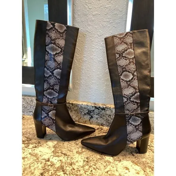 AMALFI Istria Black Chantal Snake Skin Tall Heeled Moto Riding Boots Italy 7.5M