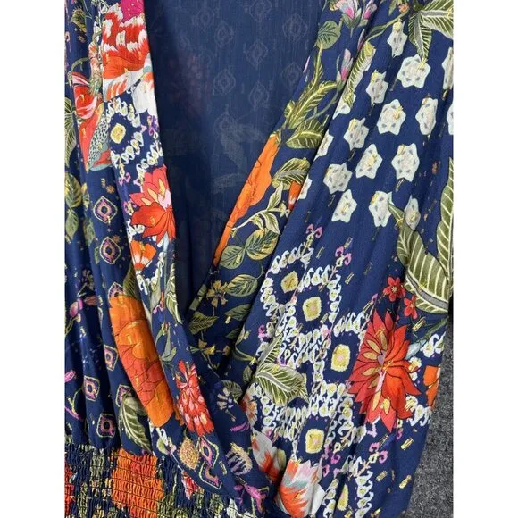 Amanda Uprichard Navy Blue Orange Floral Print Smocked Waist Dress SMALL Pretty