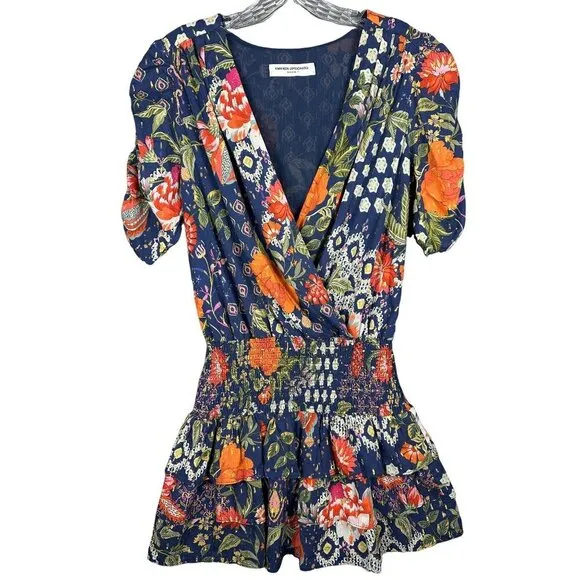 Amanda Uprichard Navy Blue Orange Floral Print Smocked Waist Dress SMALL Pretty
