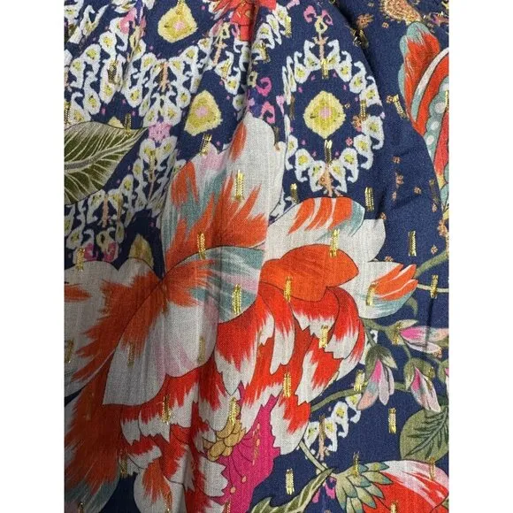 Amanda Uprichard Navy Blue Orange Floral Print Smocked Waist Dress SMALL Pretty