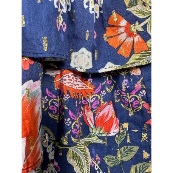 Amanda Uprichard Navy Blue Orange Floral Print Smocked Waist Dress SMALL Pretty