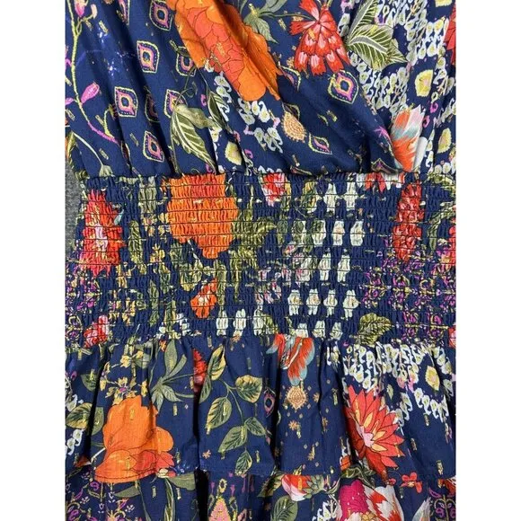 Amanda Uprichard Navy Blue Orange Floral Print Smocked Waist Dress SMALL Pretty