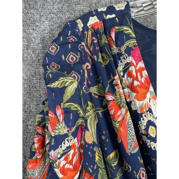 Amanda Uprichard Navy Blue Orange Floral Print Smocked Waist Dress SMALL Pretty