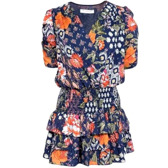 Amanda Uprichard Navy Blue Orange Floral Print Smocked Waist Dress SMALL Pretty