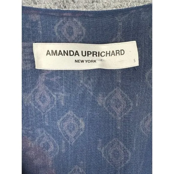 Amanda Uprichard Navy Blue Orange Floral Print Smocked Waist Dress SMALL Pretty