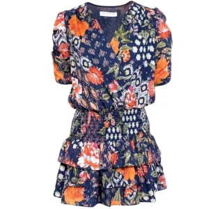 Amanda Uprichard Navy Blue Orange Floral Print Smocked Waist Dress SMALL Pretty