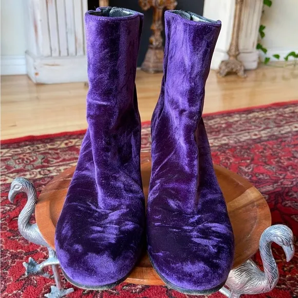 ANN DEMEULEMEESTER Purple Velvet Vintage Lavato Prugna Ankle Boots Sz 38 Size 8