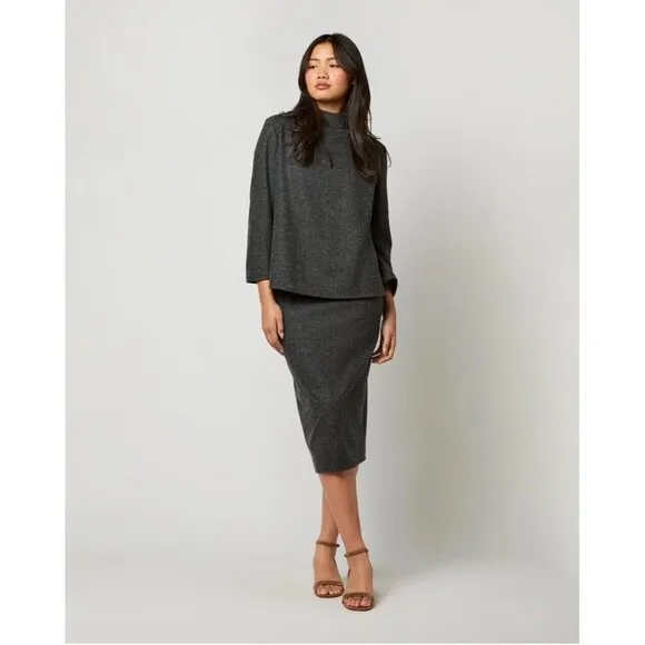 Ann Mashburn M Evelyn Pull On Skirt Charcoal Stretch Hopsack Wool Pencil EUC