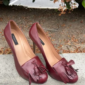 ANN TAYLOR BURGUNDY RED LEATHER HEELS PUMPS SZ 9M platform Tassels Loafers
