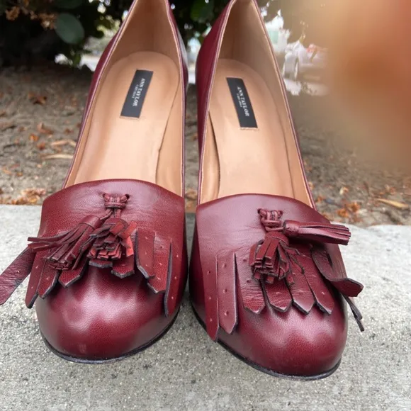ANN TAYLOR BURGUNDY RED LEATHER HEELS PUMPS SZ 9M platform Tassels Loafers