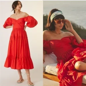 Anthropologie Atsu Off-The-Shoulder Poplin Midi Dress Red