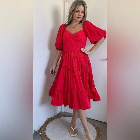 Anthropologie Atsu Off-The-Shoulder Poplin Midi Dress Red