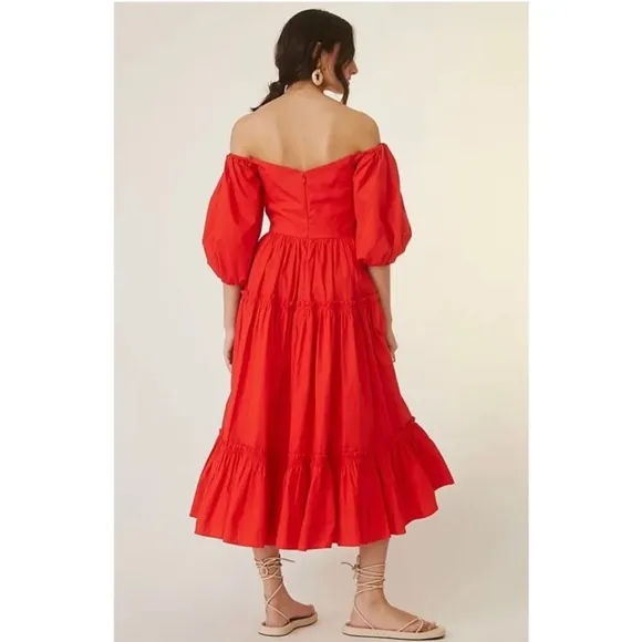 Anthropologie Atsu Off-The-Shoulder Poplin Midi Dress Red