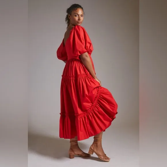 Anthropologie Atsu Off-The-Shoulder Poplin Midi Dress Red
