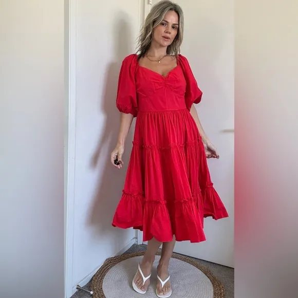 Anthropologie Atsu Off-The-Shoulder Poplin Midi Dress Red