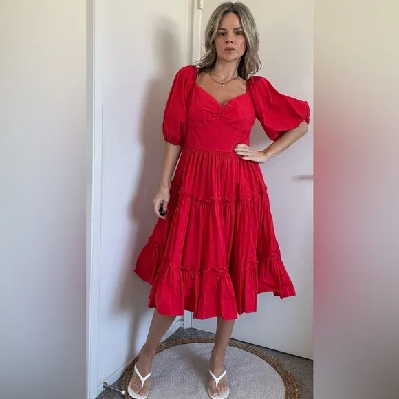 Anthropologie Atsu Off-The-Shoulder Poplin Midi Dress Red